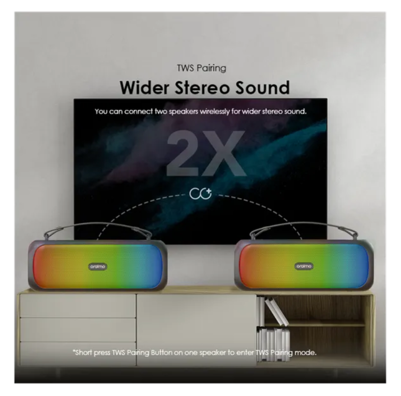 oraimo Boom Bass 30W Wireless Speaker  With 7-Hr Playtime (Lights off),
Dynamic Party Light Effects, Massive Bass & IPX5 Waterproof Bluetooth Speaker