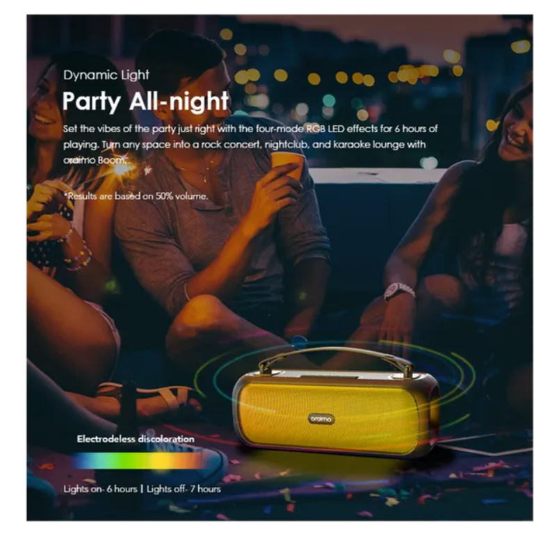 oraimo Boom Bass 30W Wireless Speaker  With 7-Hr Playtime (Lights off),
Dynamic Party Light Effects, Massive Bass & IPX5 Waterproof Bluetooth Speaker