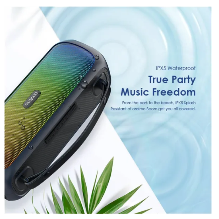 oraimo Boom Bass 30W Wireless Speaker  With 7-Hr Playtime (Lights off),
Dynamic Party Light Effects, Massive Bass & IPX5 Waterproof Bluetooth Speaker