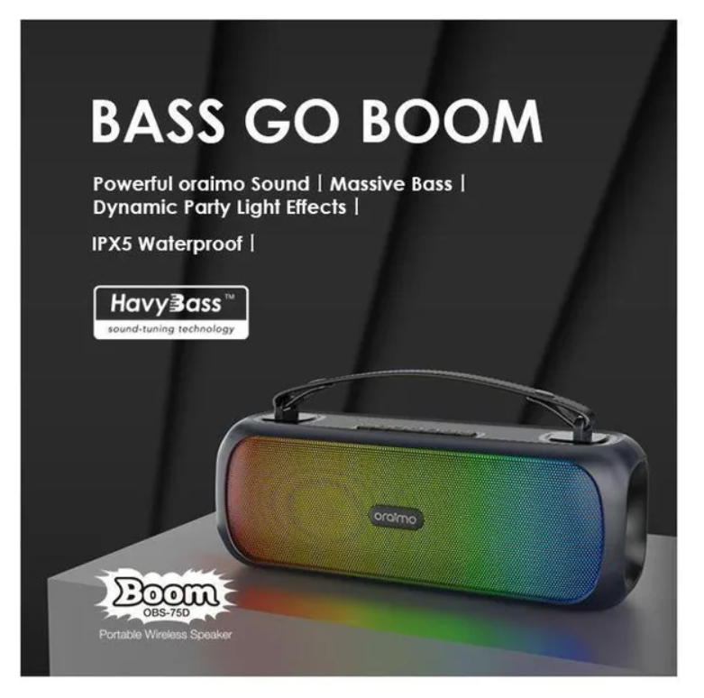 oraimo Boom Bass 30W Wireless Speaker  With 7-Hr Playtime (Lights off),
Dynamic Party Light Effects, Massive Bass & IPX5 Waterproof Bluetooth Speaker
