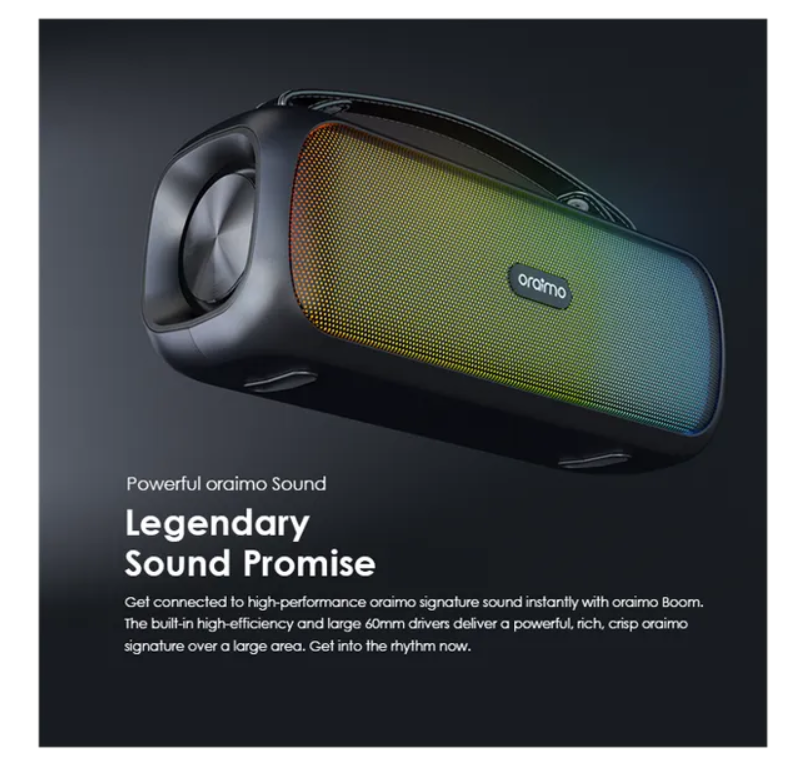 oraimo Boom Bass 30W Wireless Speaker  With 7-Hr Playtime (Lights off),
Dynamic Party Light Effects, Massive Bass & IPX5 Waterproof Bluetooth Speaker