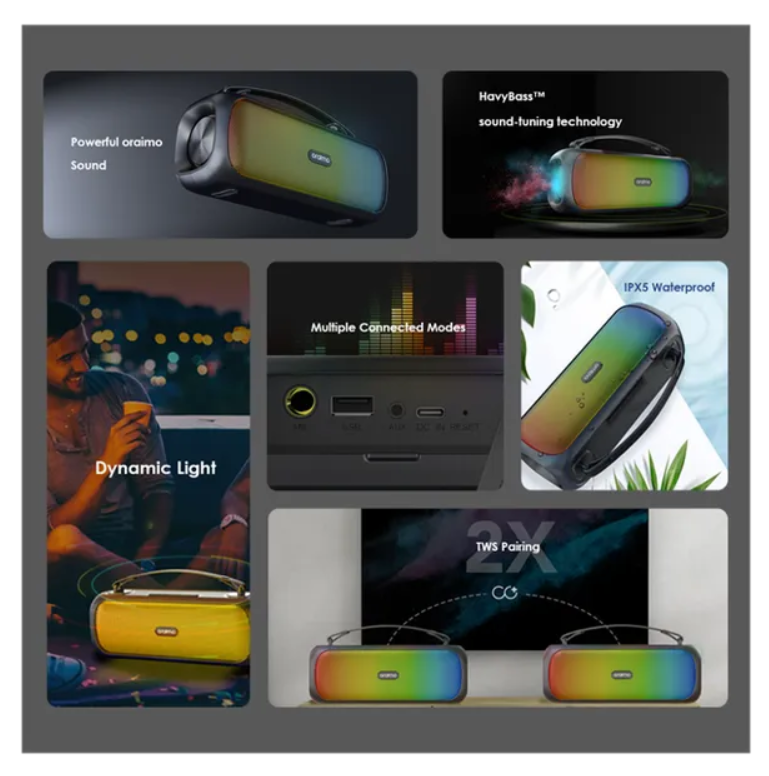 oraimo Boom Bass 30W Wireless Speaker  With 7-Hr Playtime (Lights off),
Dynamic Party Light Effects, Massive Bass & IPX5 Waterproof Bluetooth Speaker