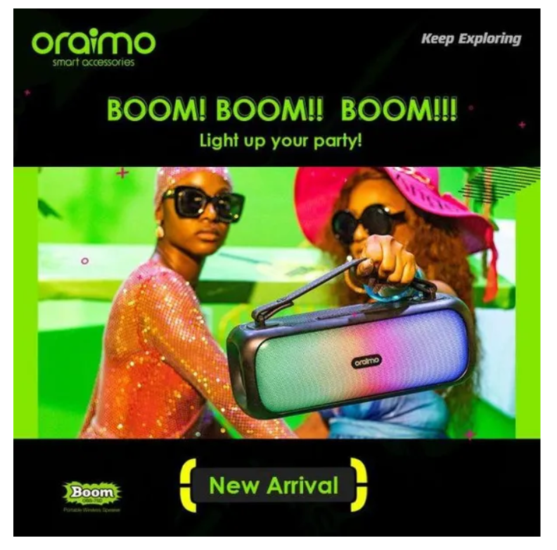 oraimo Boom Bass 30W Wireless Speaker  With 7-Hr Playtime (Lights off),
Dynamic Party Light Effects, Massive Bass & IPX5 Waterproof Bluetooth Speaker