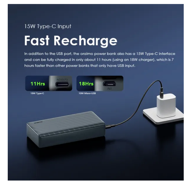 oraimo PowerBox 300 Lite 30000mAh 15W Power Bank with 3A Fast Charging & an LED Torch