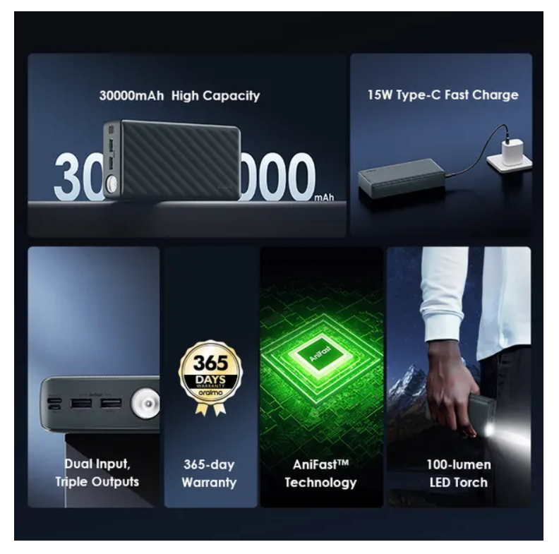 oraimo PowerBox 300 Lite 30000mAh 15W Power Bank with 3A Fast Charging & an LED Torch
