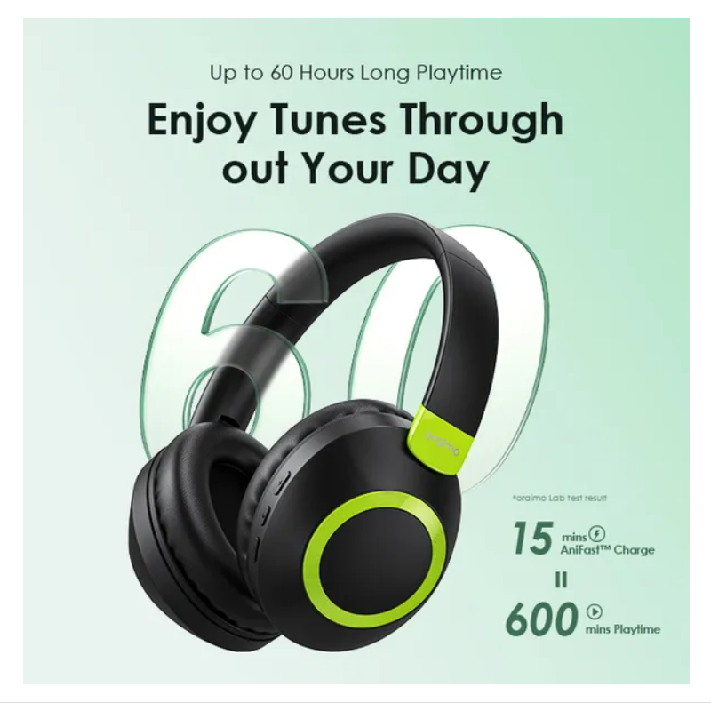 oraimo BoomPop 2 ENC Over-Ear Wireless Headphones  with a Powerful Bass,60-hr-Playtime,HD Voice in Calls & Dual-device Connectivity