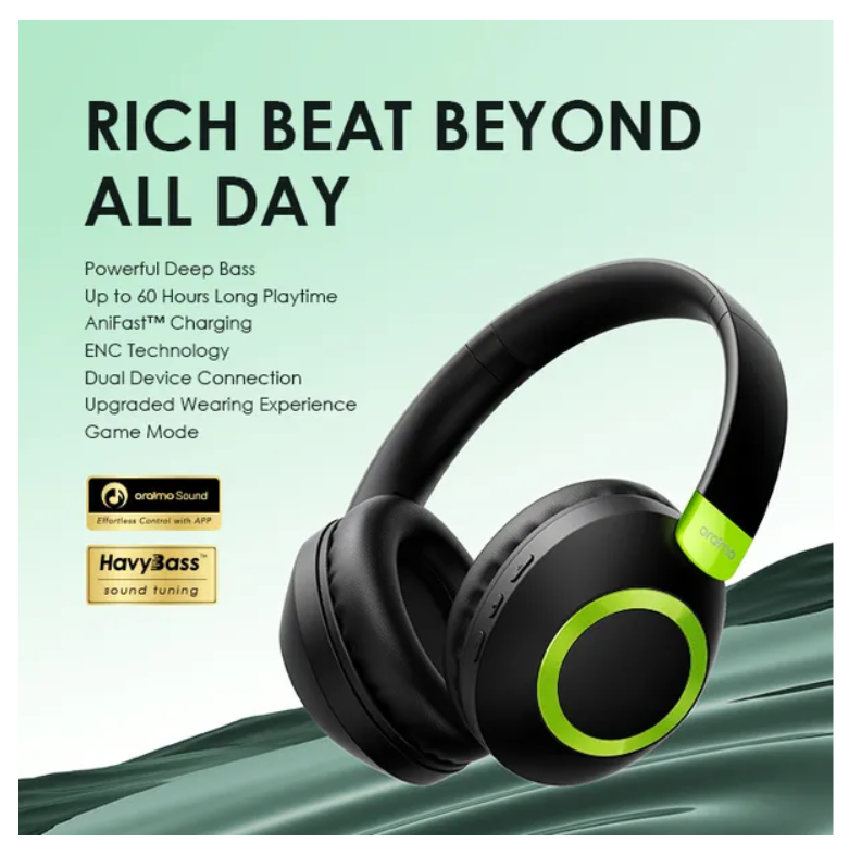 oraimo BoomPop 2 ENC Over-Ear Wireless Headphones  with a Powerful Bass,60-hr-Playtime,HD Voice in Calls & Dual-device Connectivity