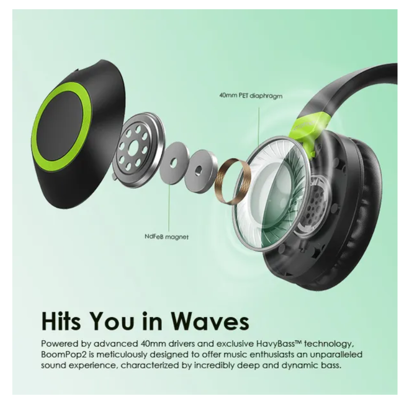 oraimo BoomPop 2 ENC Over-Ear Wireless Headphones  with a Powerful Bass,60-hr-Playtime,HD Voice in Calls & Dual-device Connectivity