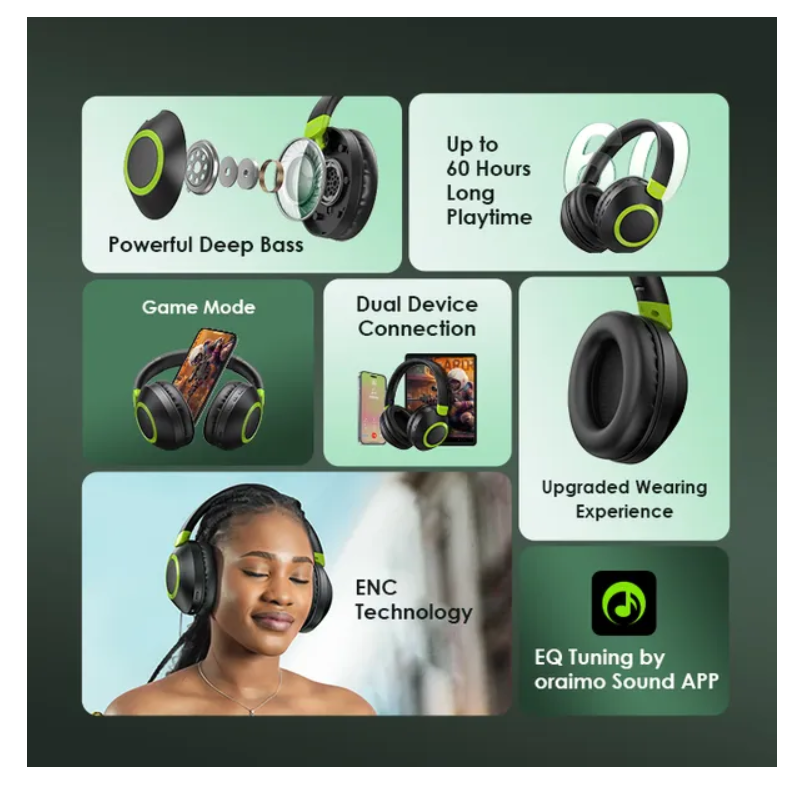 oraimo BoomPop 2 ENC Over-Ear Wireless Headphones  with a Powerful Bass,60-hr-Playtime,HD Voice in Calls & Dual-device Connectivity