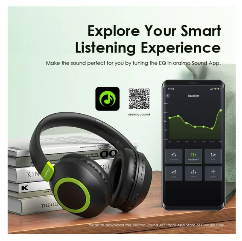 oraimo BoomPop 2 ENC Over-Ear Wireless Headphones  with a Powerful Bass,60-hr-Playtime,HD Voice in Calls & Dual-device Connectivity