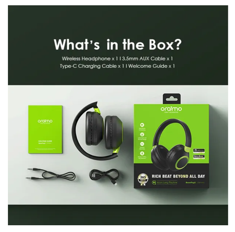 oraimo BoomPop 2 ENC Over-Ear Wireless Headphones  with a Powerful Bass,60-hr-Playtime,HD Voice in Calls & Dual-device Connectivity