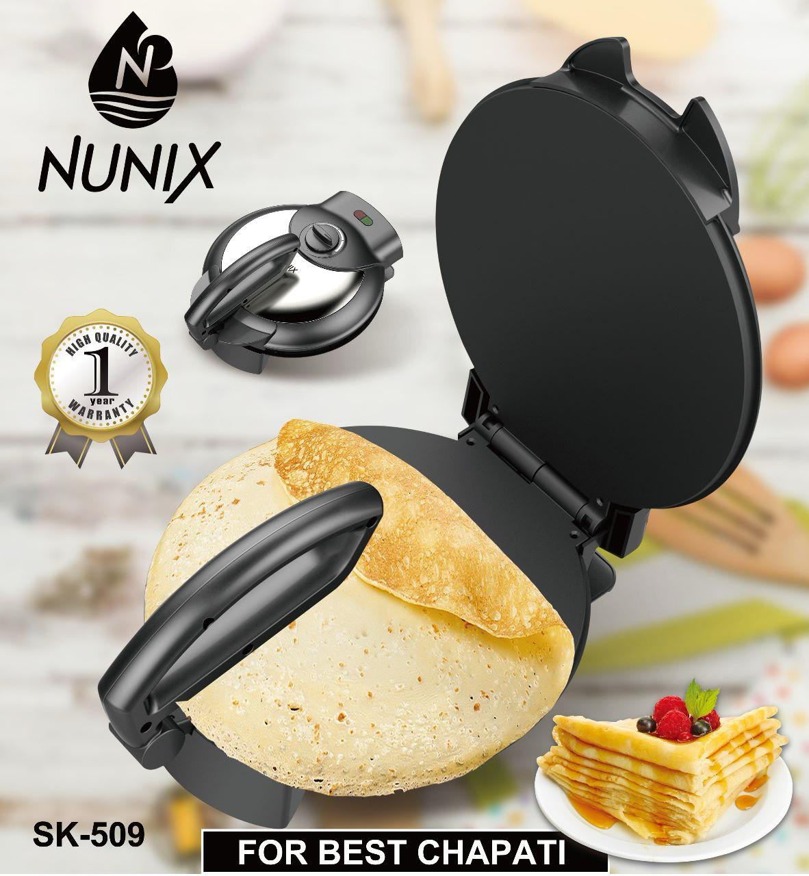 Nunix Modern Electric Roti/Chapati Maker/Pancake Maker.Roti maker chapati maker meat /fish Grilled heating  Big size Pan Thermostat heat control Non-stick coated plate Power indicator 15minutes timer Floating hinge for different thickness