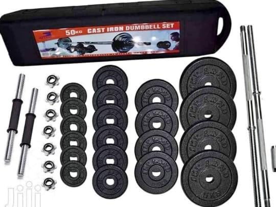 Strength Training 50kgs Set Dumbbells/barbell With A Portable Case.This 50 kg weight set with barbell and portable briefcase and free Ez Curl bar  comprises of✔️ 0.5kg*6pcs, ✔️ 1.25kg*6pcs, ✔️ 2.5kg*4pcs ✔️ 5kg*4pcs  ✔️ 2*35cm bars each 1.5kgs with 6pcs nuts ✔️ 2pc of 60cm bar with a 10cm connector weighting 7.5kgs. The 50kg cast iron set also comes with a portable briefcase which has wheels