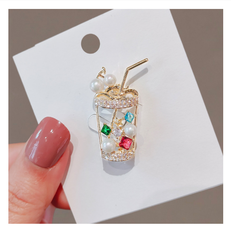 Women's brooch, light luxury, niche creative milk tea cup, cute and personalized safety pin, collar pin, anti glare safety pin