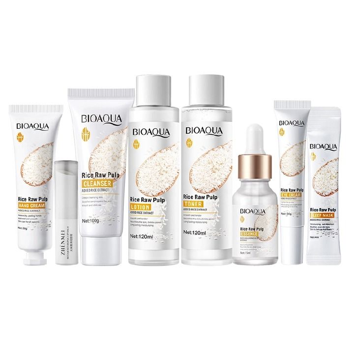 Rice Raw Pulp Skin Care Sets & Kits Facial Cleanser + Moisturizing lotion + Face Essence +Face Toner +Eye Cream + Masks +Lipstick + Hand Cream complete set 27pcs                                      .