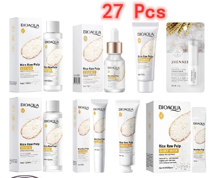 Rice Raw Pulp Skin Care Sets & Kits Facial Cleanser + Moisturizing lotion + Face Essence +Face Toner +Eye Cream + Masks +Lipstick + Hand Cream complete set 27pcs                                      .