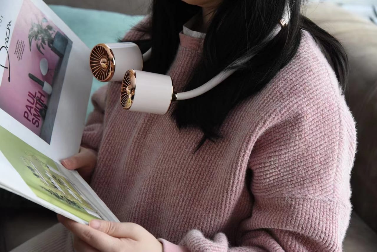 Gold Hanging Neck Small Fan USB Charging Three-speed Adjustable Summer Portable silent Outdoor Electric Neck Fan, Home, Office, Indoor, Outdoor, Small leafless Neck Fan