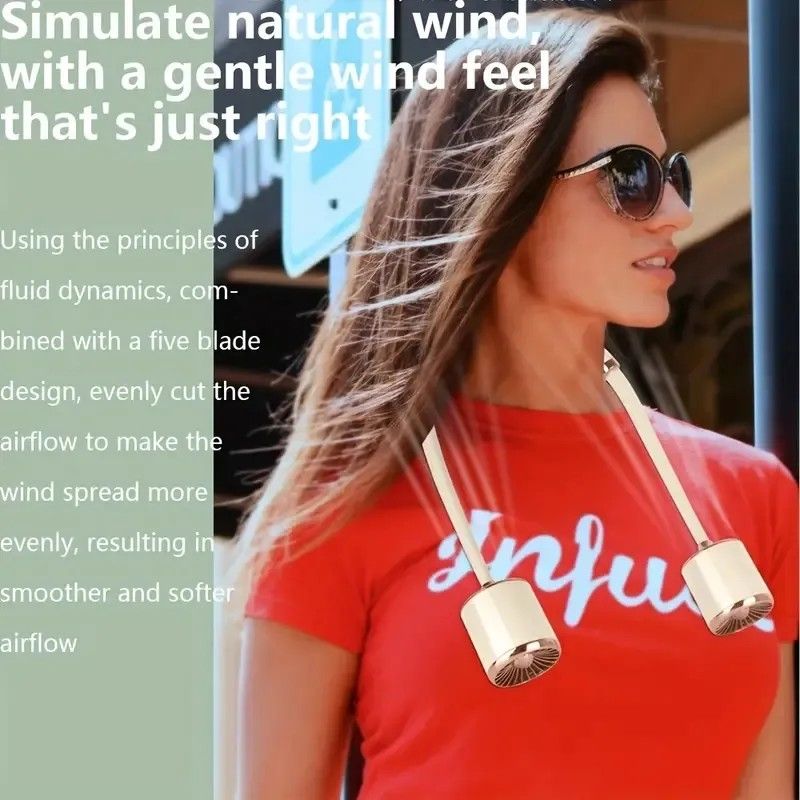 Gold Hanging Neck Small Fan USB Charging Three-speed Adjustable Summer Portable silent Outdoor Electric Neck Fan, Home, Office, Indoor, Outdoor, Small leafless Neck Fan