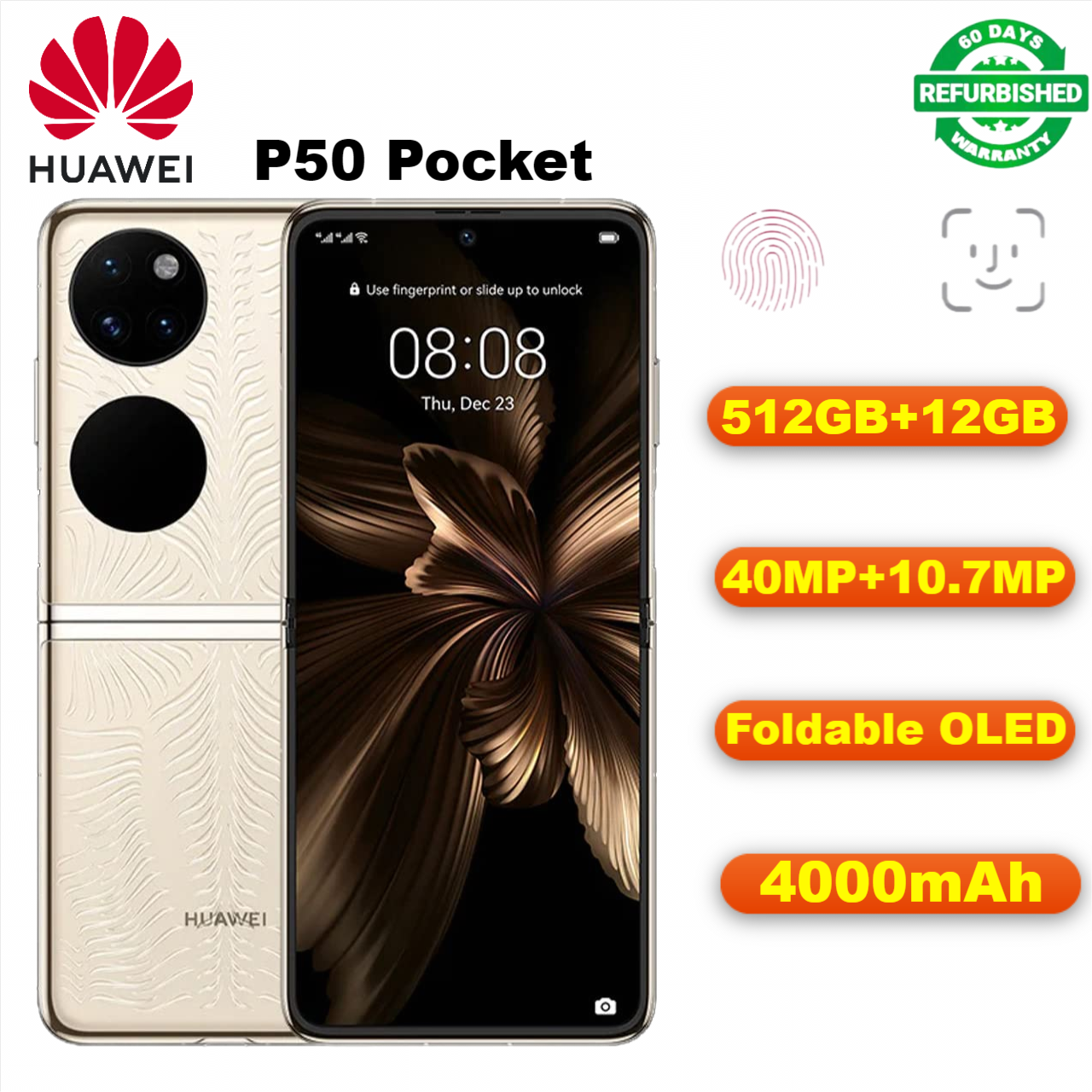 Refurbished Huawei P50 Pocket Smartphones 512GB+12GB 6.9inch 120Hz Foldable OLED display 40MP+10.7MP rear triple camera 4000mAh Type-C fast charging fingerprint unlocking dual card Smartphones