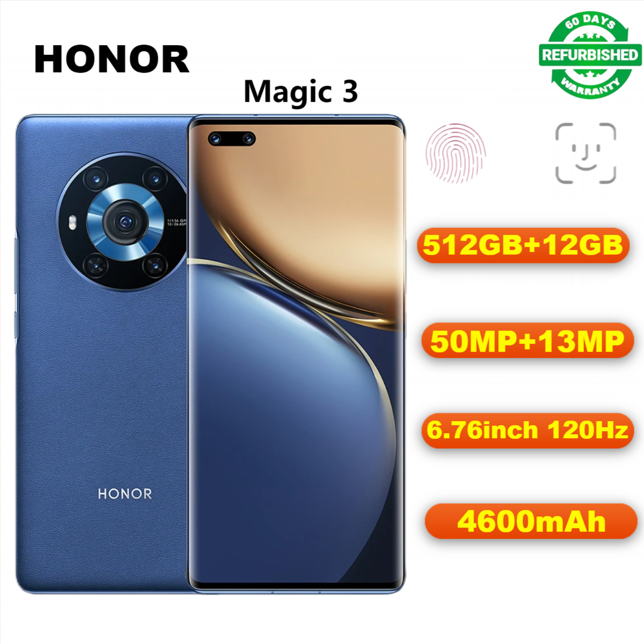 Refurbished Honor Magic 3 5G Smartphones 512GB+12GB 6.76inch 120Hz OLED display 50MP+13MP triple rear camera 4600mAh Type-C fast charge Fingerprint unlock dual-SIM Smartphones
