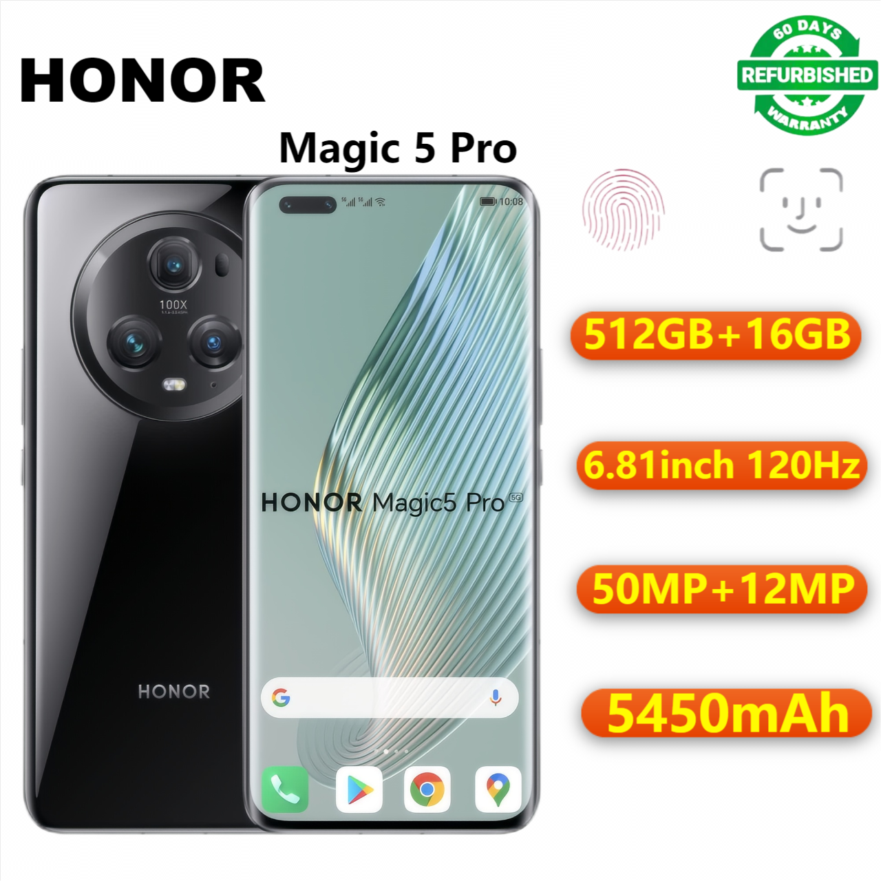 Refurbished Honor Magic 5 Pro 5G Smartphones 512GB+16GB 6.81inch 120Hz OLED 50MP+12MP triple rear camera 5450mAh Type-C fast charge fingerprint unlock dual-SIM Smartphones