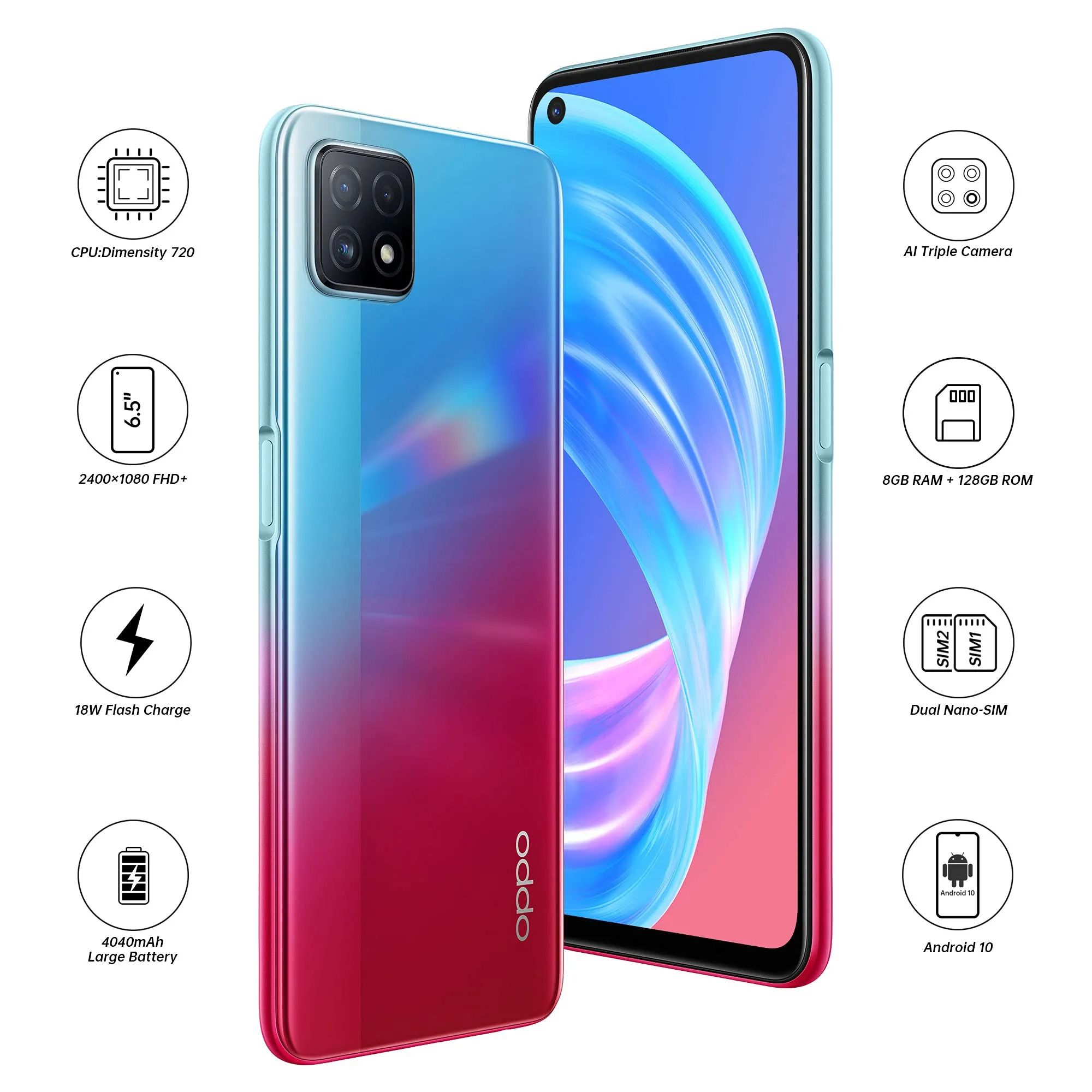 Refurbished Phones Oppo A73 5G Phones 6.5" 128GB+8GB 16.0MP 4040mAh single SIM NFC Fingerprint with Face Unlock Type-C Charge Smartphones