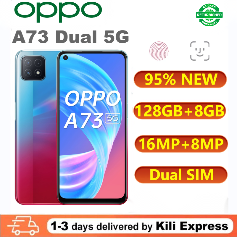 Refurbished Phones Oppo A73 5G Phones  6.5" 128GB+8GB 16.0MP 4040mAh Dual SIM NFC Fingerprint with Face Unlock  Type-C Charge Smartphones Colorful blue or Black