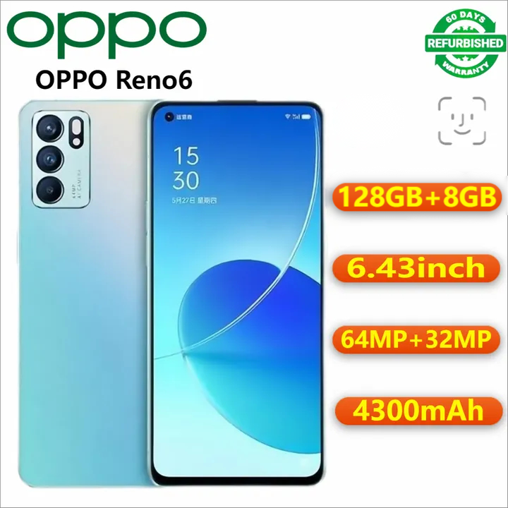 Refurbished OPPO Reno6 5G Smartphones 128GB+8GB 6.43'' 64MP 4300mAh without Fingerprint unlock phone Dual SIM 5G phone  Refurbished Phone SmartPhones Mobile Phones 128GB phone oppo phone smartphone