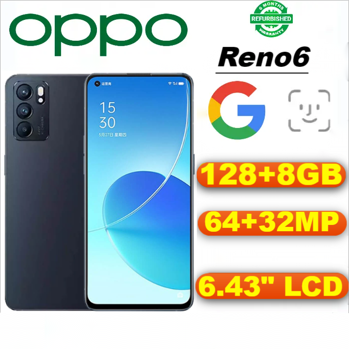 Refurbished OPPO Reno6 5G Smartphones 128GB+8GB 6.43'' 64MP 4300mAh without Fingerprint unlock phone Dual SIM 5G phone  Refurbished Phone SmartPhones Mobile Phones 128GB phone oppo phone smartphone