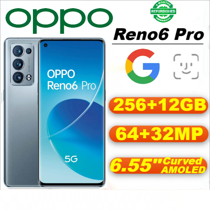 Refurbished OPPO Reno 6 Pro 5G Smartphones 256GB+12GB 6.55inch AMOLED Display 64MP+32MP refurbished phone 4500mAh Fast Charging Fingerprint Unlocking Dual Card Reno6 Pro Smartphones