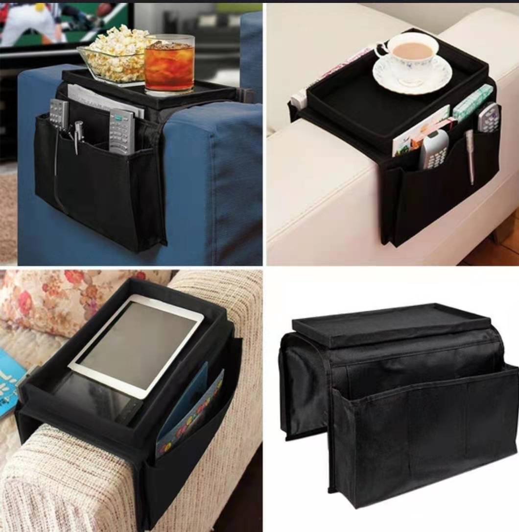 Couch sofa arm rest organizer with top tray and pockets on both sides