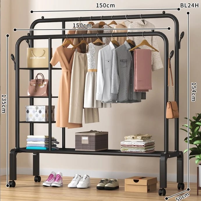 Double pole cloth rack with lower and side storage for shoes and boxes