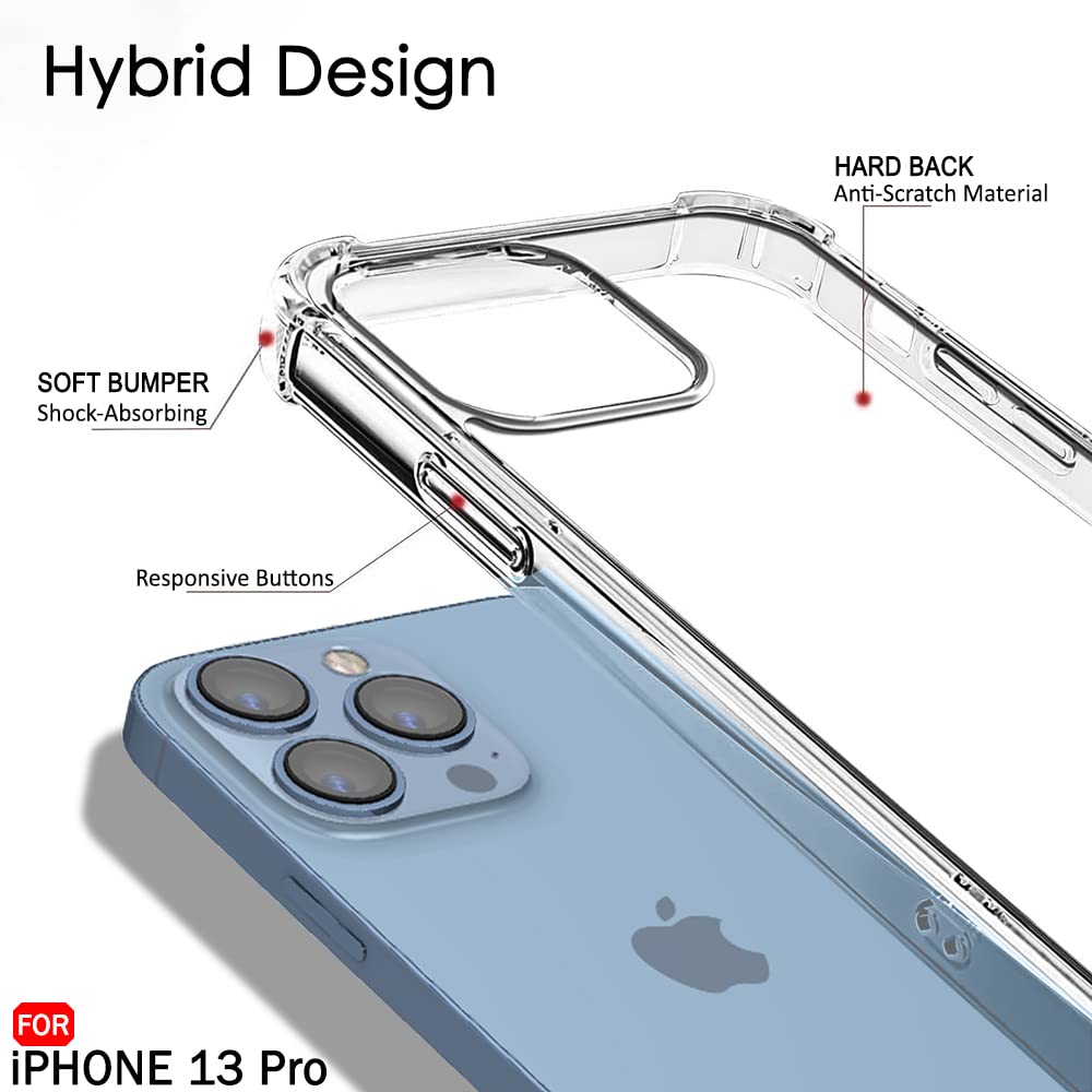 Hybrid Hard-Back Soft-Sides Shockproof Non-yellowing Crystal Clear Bumper Back Case Cover for Apple iPhone 13 Pro Max