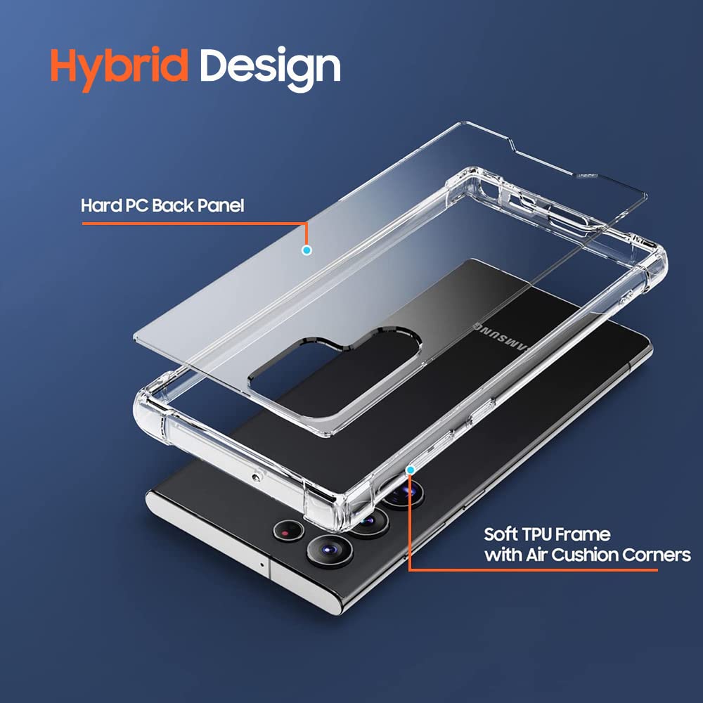 Hybrid Hard-Back Soft-Sides Shockproof Non-yellowing Crystal Clear Bumper Back Case Cover for Samsung Galaxy S22 Ultra