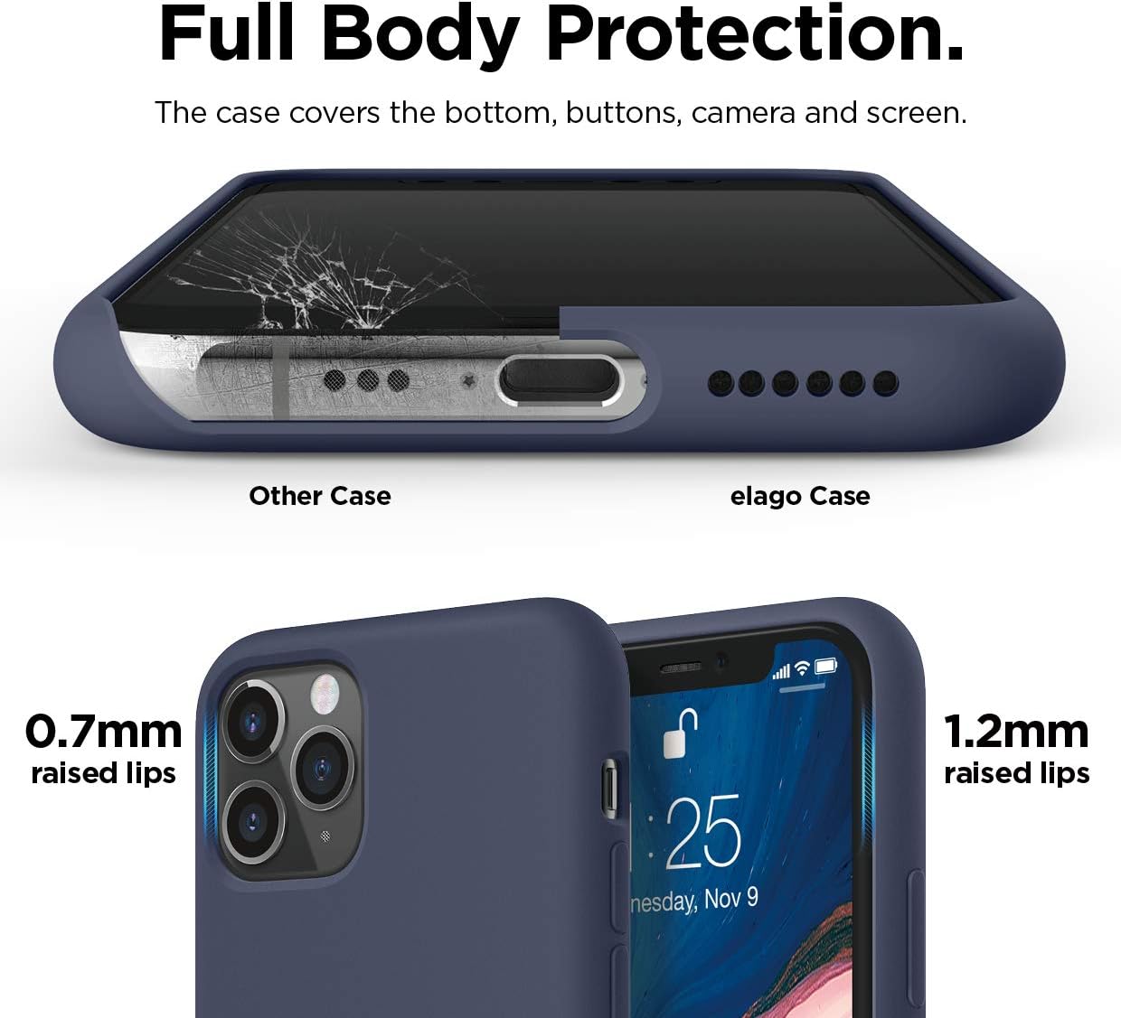 Black/Navy Blue Slim Liquid Silicone 3 Layers Full Covered Soft Gel Rubber Phone Cover Case for iPhone 11 Pro