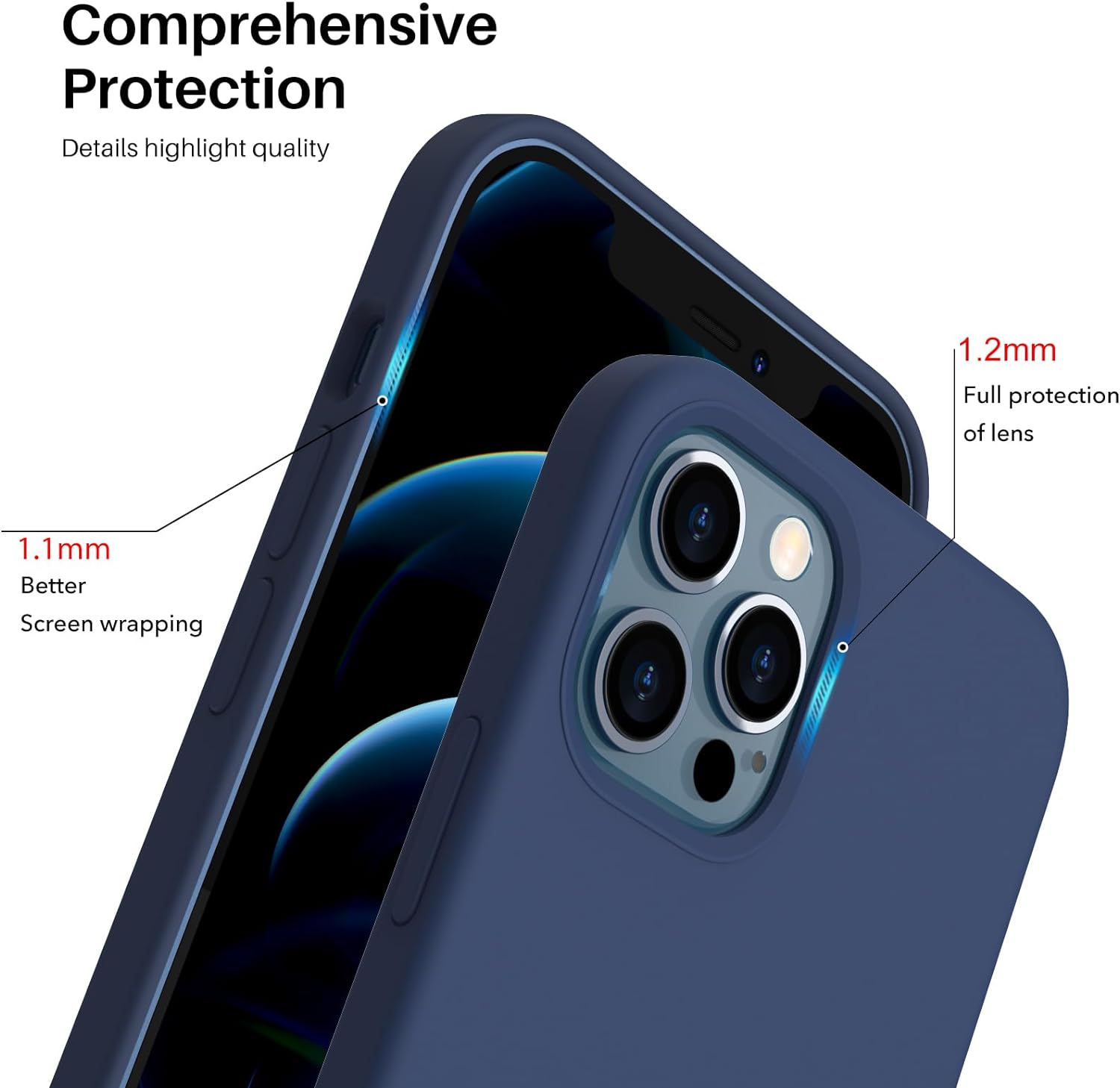 Black/Navy Blue Slim Liquid Silicone 3 Layers Full Covered Soft Gel Rubber Phone Cover Case for iPhone 12 Pro Max