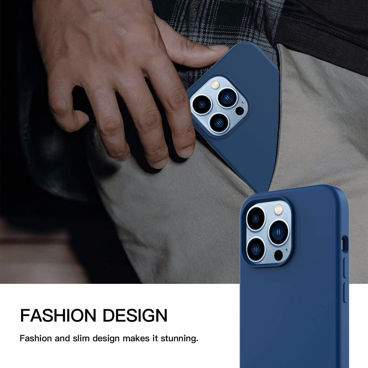 Black/Navy Blue Slim Liquid Silicone 3 Layers Full Covered Soft Gel Rubber Phone Cover Case for iPhone 13 Pro