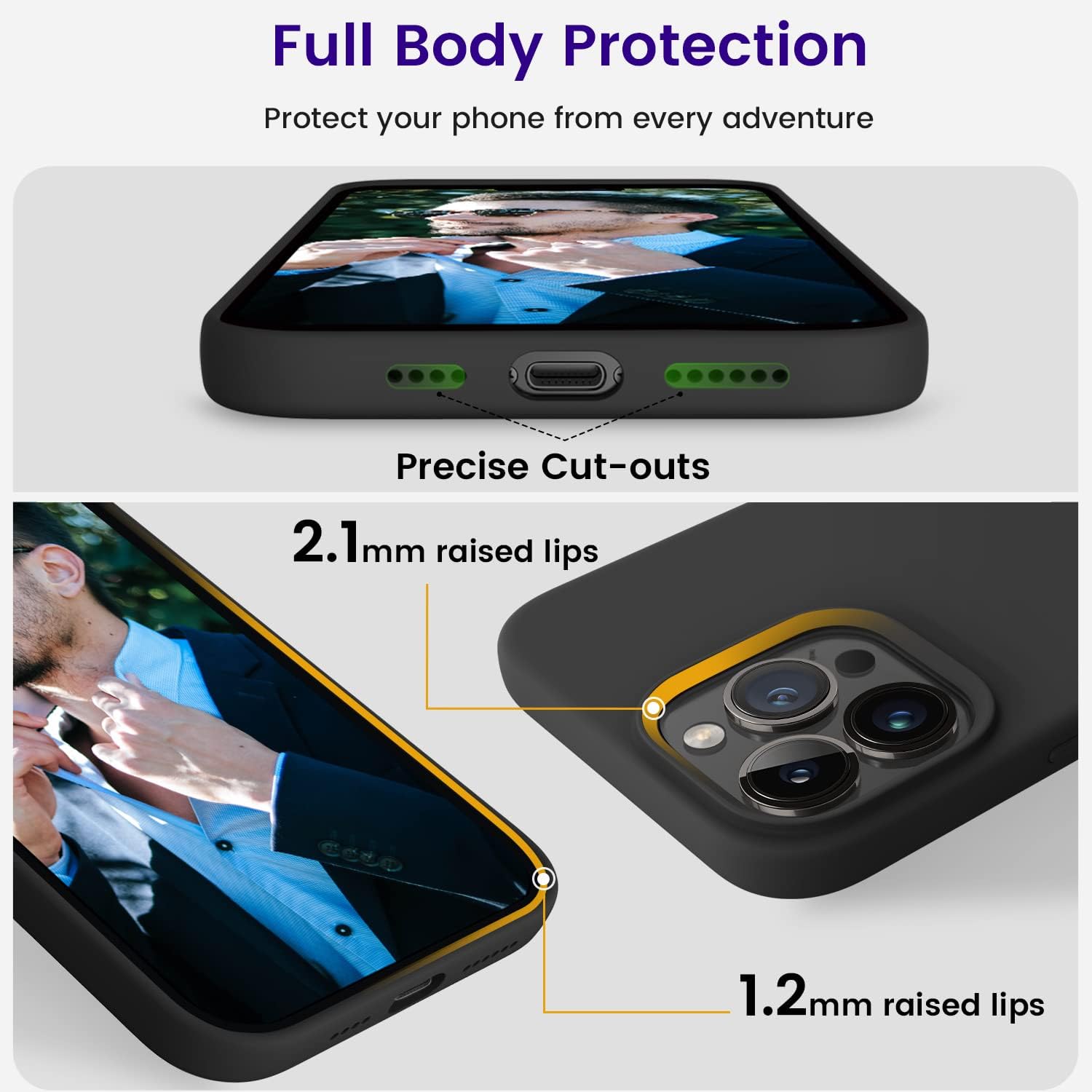 Black/Navy Blue Slim Liquid Silicone 3 Layers Full Covered Soft Gel Rubber Phone Cover Case for iPhone 14 Pro Max