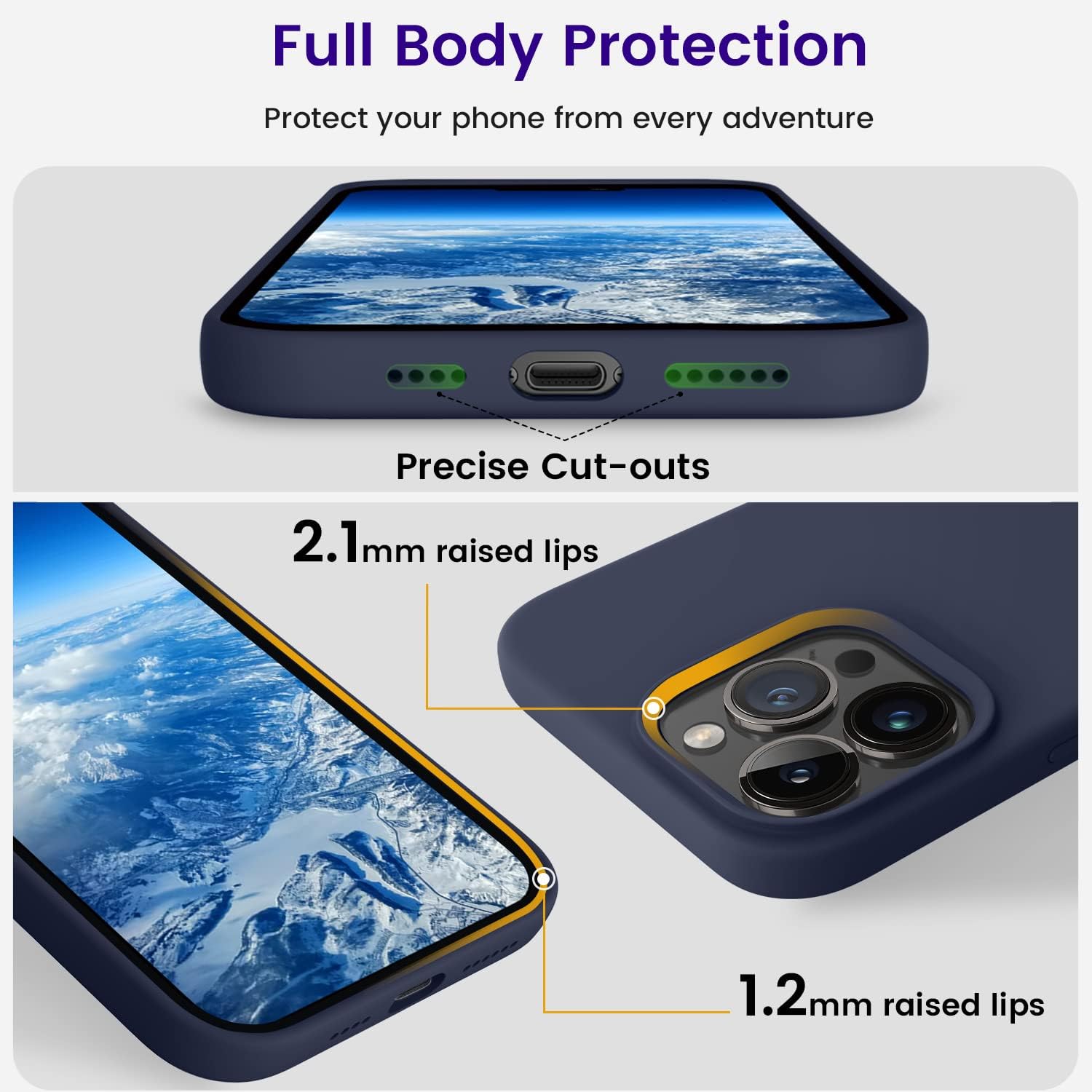 Black/Navy Blue Slim Liquid Silicone 3 Layers Full Covered Soft Gel Rubber Phone Cover Case for iPhone 14 Pro Max