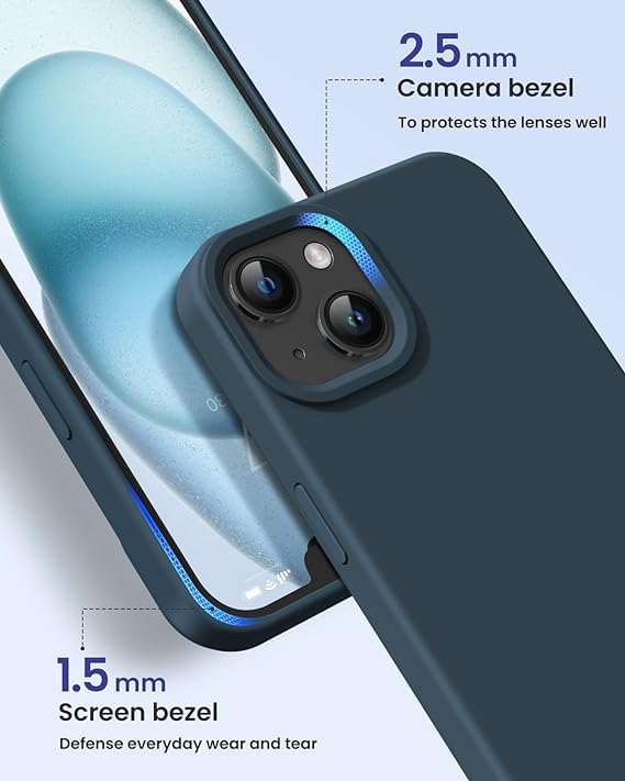 Black/Navy Blue Slim Liquid Silicone 3 Layers Full Covered Soft Gel Rubber Phone Cover Case for iPhone 15 Plus