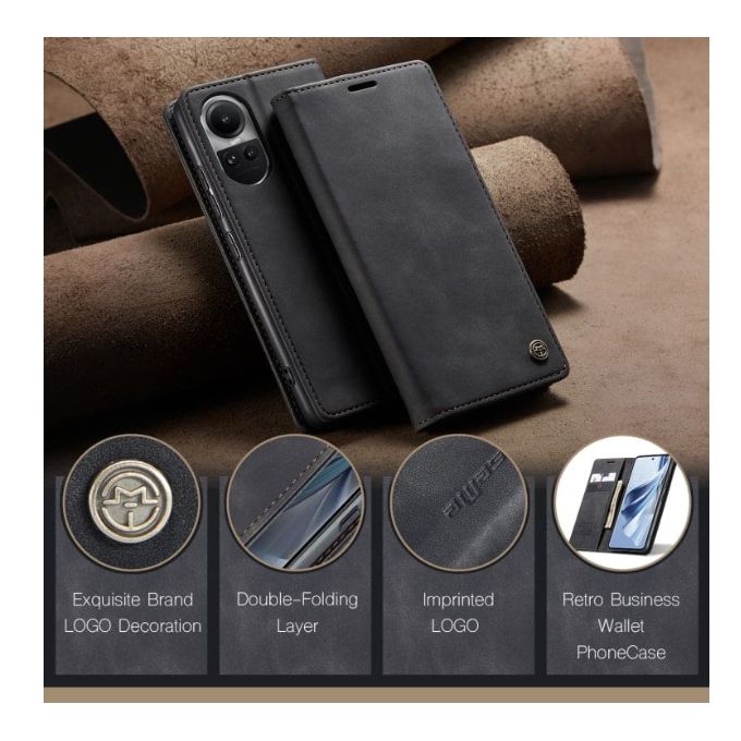 Caseme Black Wallet Retro Leather Kickstand Flip Case All-Round Protection Cover Case For Oppo Reno 10 5G