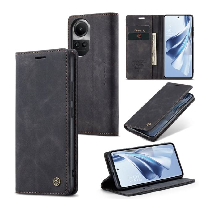 Caseme Black Wallet Retro Leather Kickstand Flip Case All-Round Protection Cover Case For Oppo Reno 10 5G