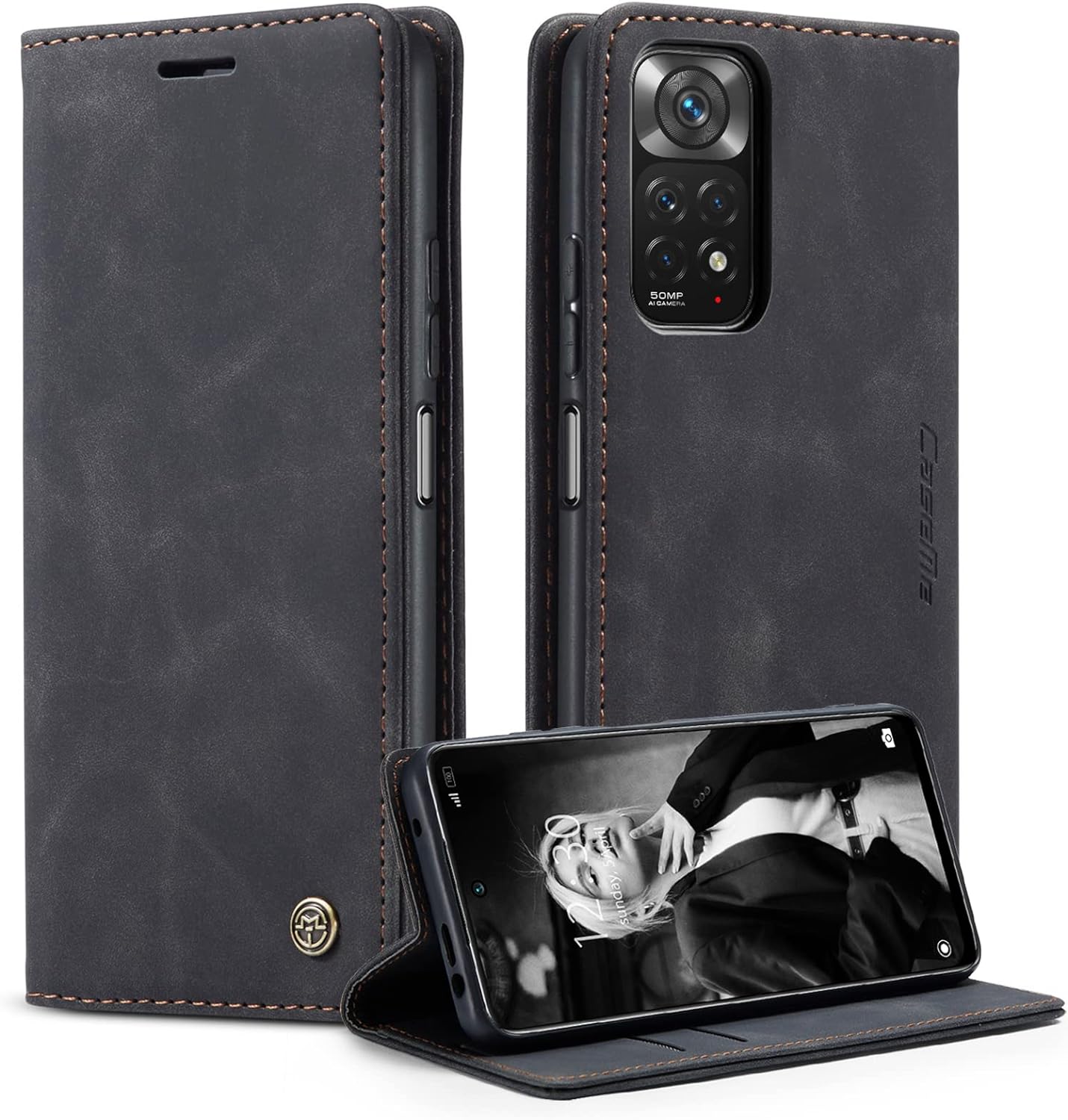 Caseme Black Wallet Retro Leather Kickstand Flip Case All-Round Protection Cover Case For Xiaomi Redmi Note 11