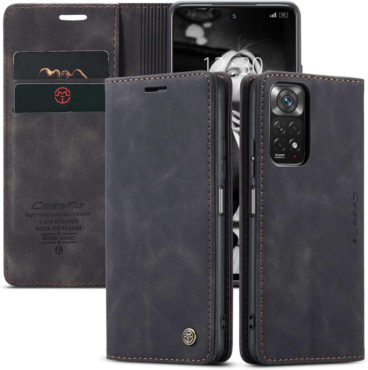 Caseme Black Wallet Retro Leather Kickstand Flip Case All-Round Protection Cover Case For Xiaomi Redmi Note 11