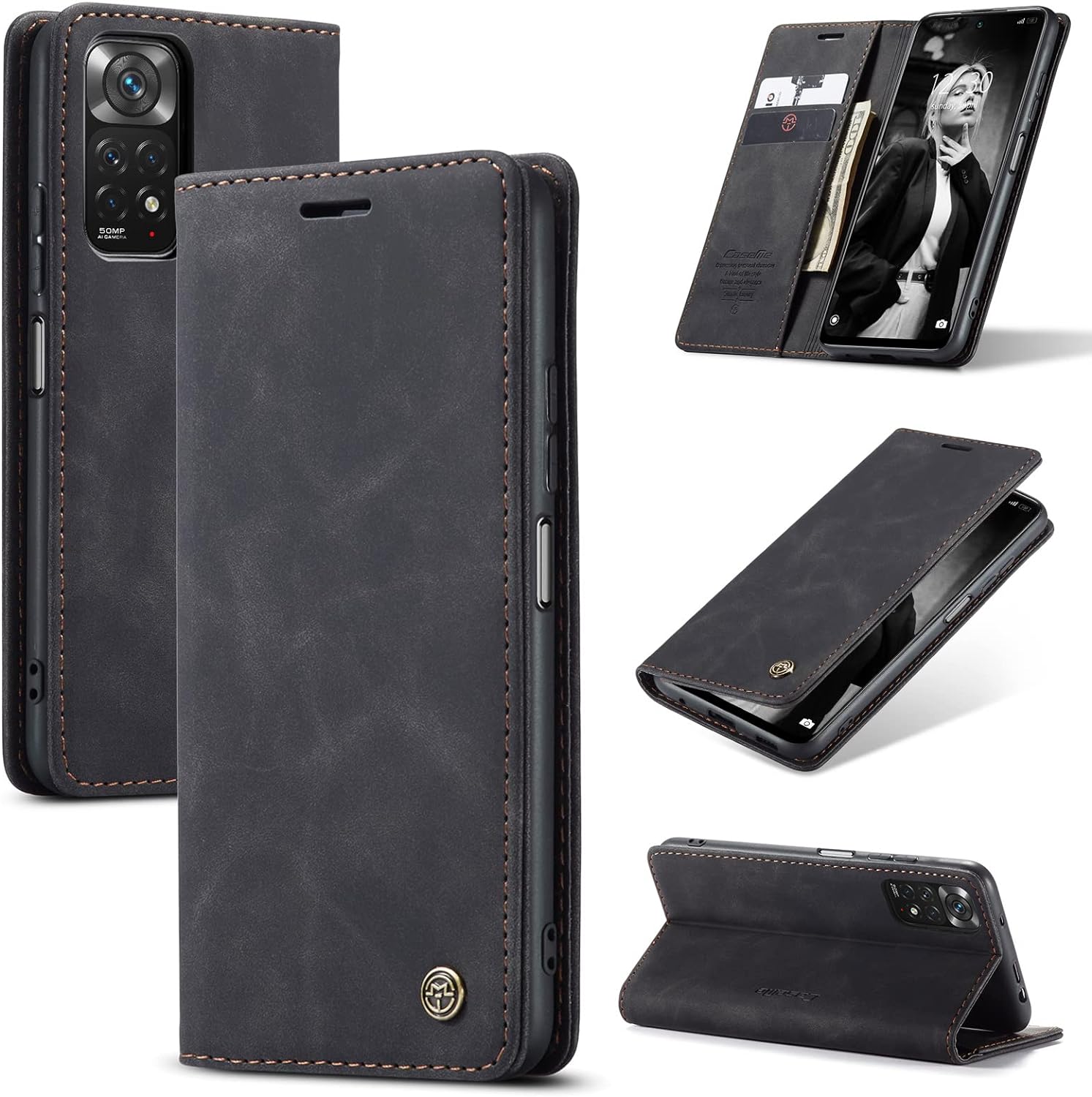 Caseme Black Wallet Retro Leather Kickstand Flip Case All-Round Protection Cover Case For Xiaomi Redmi Note 11