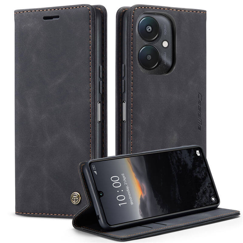 Caseme Black Wallet Retro Leather Kickstand Flip Case All-Round Protection Cover Case For Xiaomi Redmi 13C