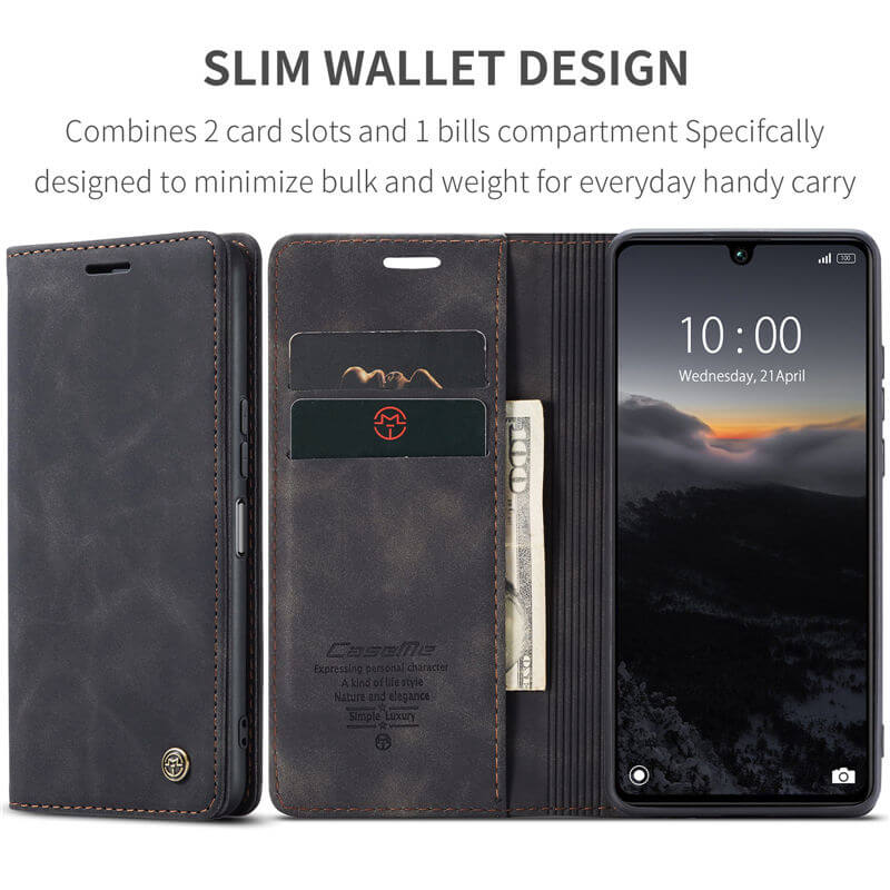 Caseme Black Wallet Retro Leather Kickstand Flip Case All-Round Protection Cover Case For Xiaomi Redmi 13C