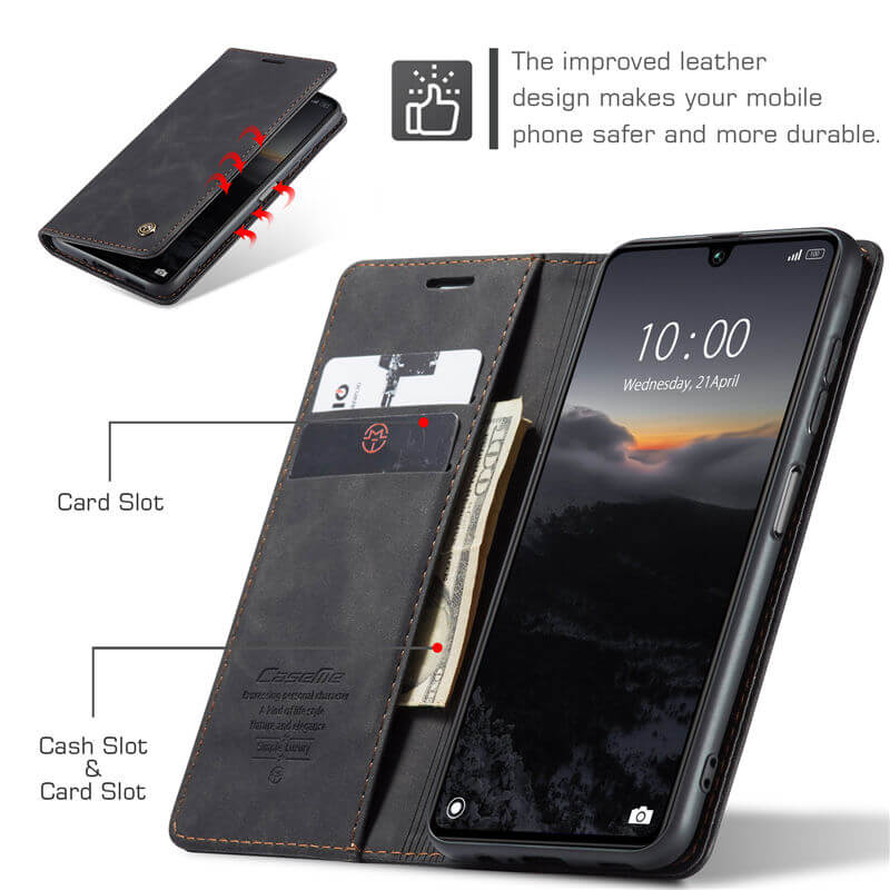 Caseme Black Wallet Retro Leather Kickstand Flip Case All-Round Protection Cover Case For Xiaomi Redmi 13C