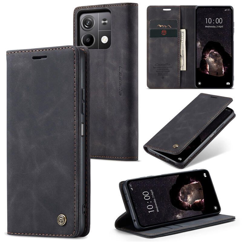 Caseme Black Wallet Retro Leather Kickstand Flip Case All-Round Protection Cover Case For Xiaomi Redmi Note 13 5G