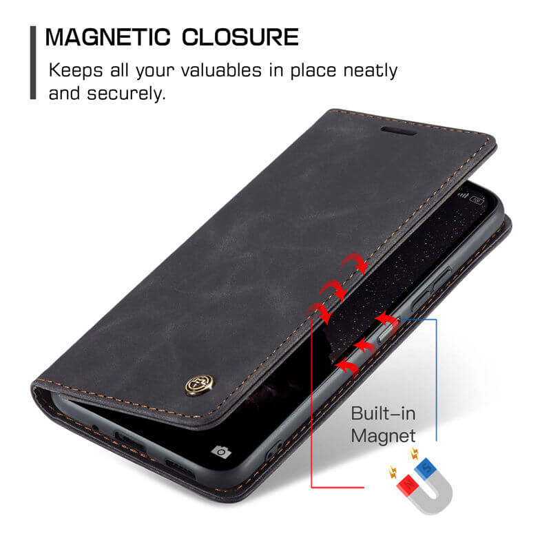 Caseme Black Wallet Retro Leather Kickstand Flip Case All-Round Protection Cover Case For Xiaomi Redmi Note 13 5G